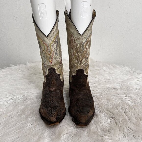 Justin Boots Women’s Western Cowboy Boots Sz 5.5B Distressed Leather Cream Brown - Picture 2 of 11